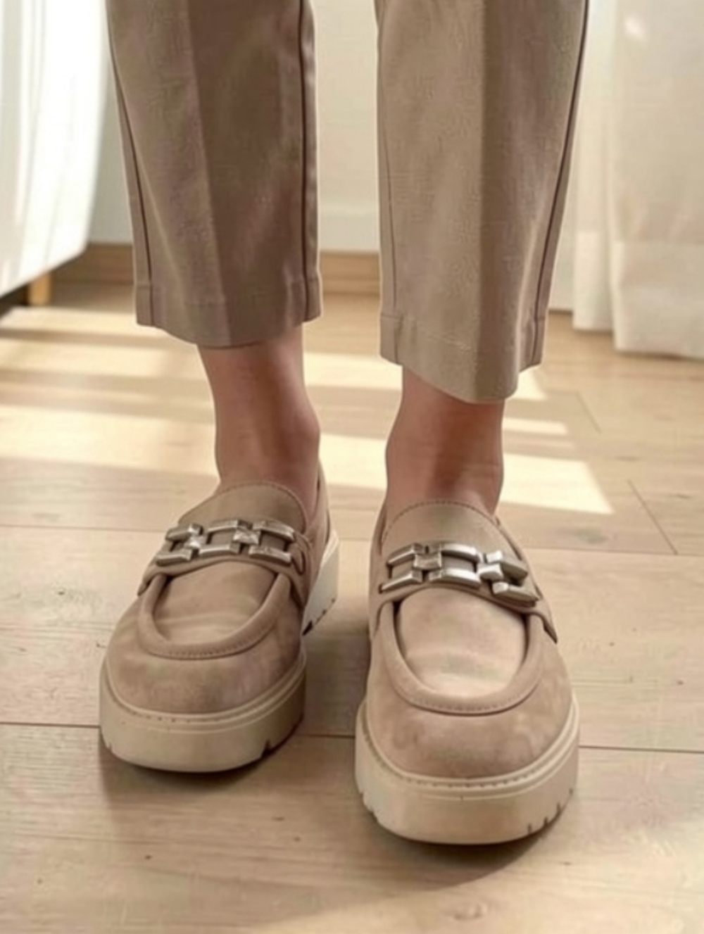 Chunky Sole Leather Suede Moccasins with Metal Chain Accent - Taupe